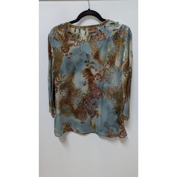Chico's Light Blue/Brown Silk Animal Print Embellished Blouse - Picture 2 of 2